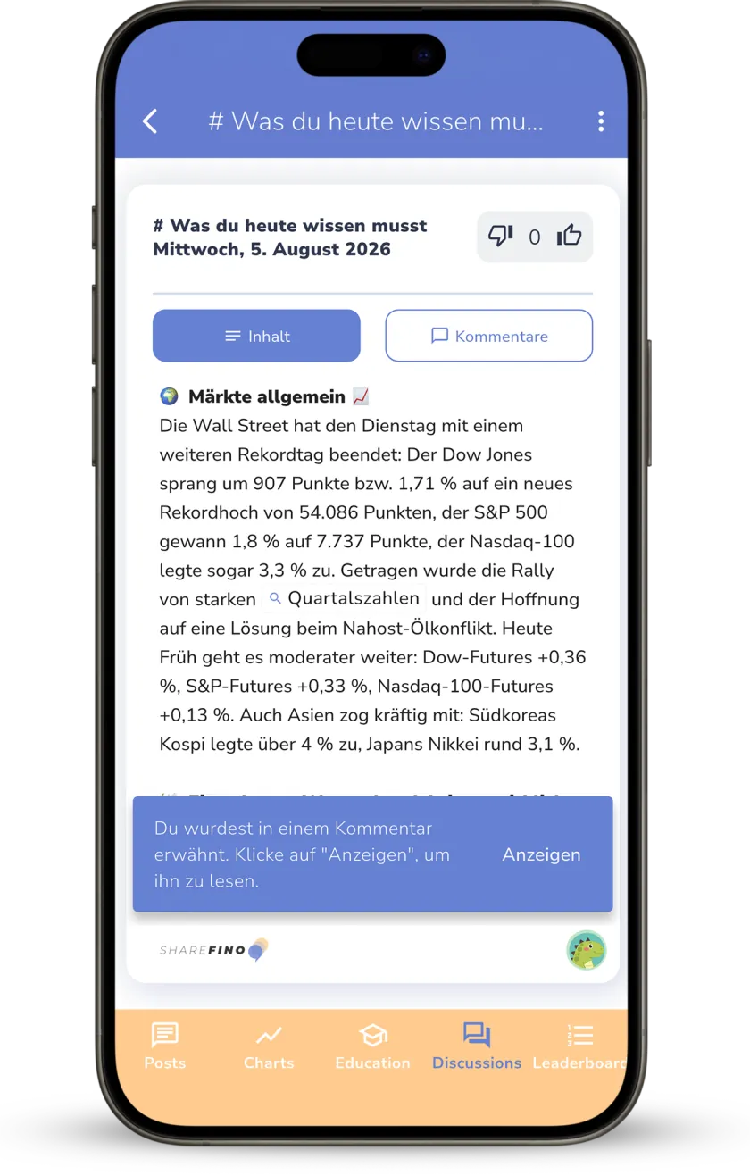 Screenshot: Beitrag in der ShareFino Community mit Hinweis auf eine Erwähnung im Kommentar